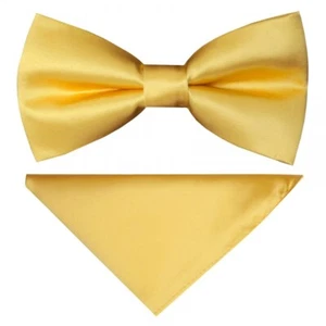 Handmade Pre Tied Gold Satin Boys Bow Tie and Pocket Square Set Age 8-11 Wedding - Picture 1 of 4