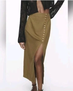 Zara Linen Cotton Blend Slit Faux Button Olive Green Straight Midi Long Skirt M - Picture 1 of 13