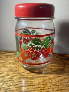 Vintage Glass Strawberry Print Jar Canister with Red Plastic Lid Retro - Picture 1 of 9