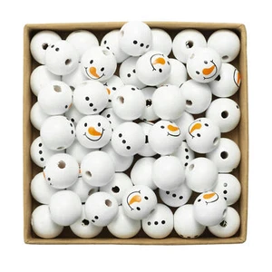 1pack Snowman Wood Beads White Christmas Print Wooden Beads 20MM Round - Picture 1 of 16