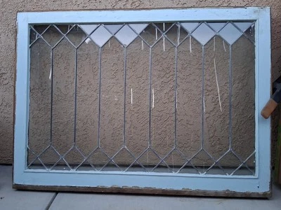 ANTIQUE LARGE LEADED GLASS WINDOW,circa1900's Victorian 36" x 24" Picket Fence  - Image 1 of 4