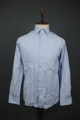 Camisa social Eton azul fina manga longa gola formal botão para cima tamanho 41/16 - Imagem 1 de 4