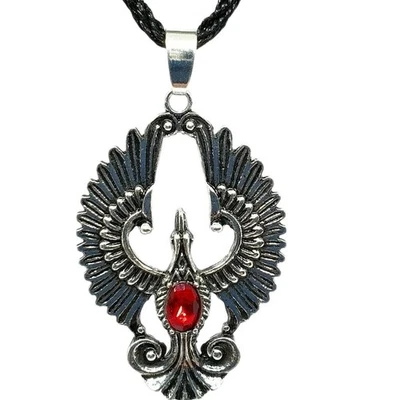 Collana Phoenix Ciondolo Rising Bird Protection Amuleto Silver Wing Red CZ Cord - Immagine 1 di 4