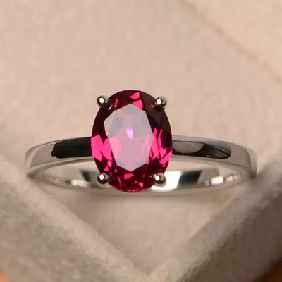 4.00 carat Oval Shape Natural Ruby Solitaire Gemstone Ring 18K White Gold Plated - Image 1 of 4
