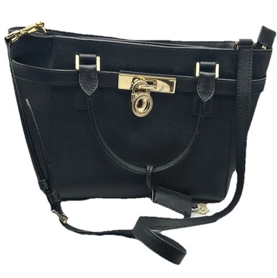 GORGEOUS MICHAEL KORS Black Saffiano Leather Crossbody Gold Lock PURSE Handbag!! - Image 1 of 4
