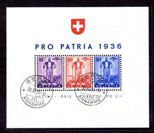 SUIZA 1936 PRO PATRIA HOJA DE RECUERDO USADA CON BERN CANCELAR SCOTT #B80 EN MUY BUEN ESTADO - Imagen 1 de 2