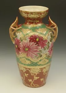 NIPPON ANTIKE SCHWERE GOLD MORIAGE ROTE GRIFFE GROSSE VASE HANDBEMALT FLORAL 12" - Bild 1 von 10