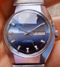 Vintage men's german Osco hand-winding watch blue dial faceted crystal FE 140
