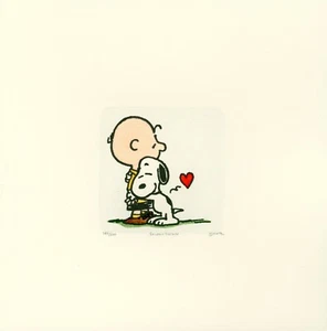 Abrazo artístico de grabado pintado a mano Snoopy + Charlie Brown Peanuts Sowa & Reiser #D/500 - Imagen 1 de 4
