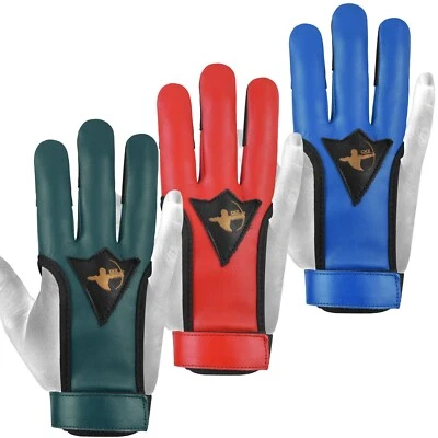 Archery Three  finger glove 100% leather right & left hand green, blue , red - Image 1 of 4