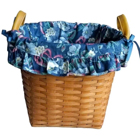 Longaberger 2000 Tall Leather Handle Basket Cottage Garden Blue Floral Ruffled Cover