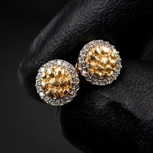 Men's 0.20Ct 14K Gold Round Circle Nugget Iced Natural Diamond Stud Earrings - Picture 1 of 6