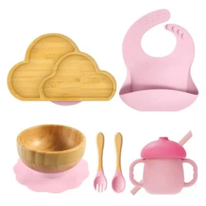 Baby Weaning Set Bamboo Baby Feeding set Suction Plate Bowls Spoons & Bibs - Picture 1 of 27