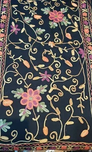 Pre-owned Colorful Floral Embroidered 100% Wool Black scarf Made in India - Picture 1 of 4