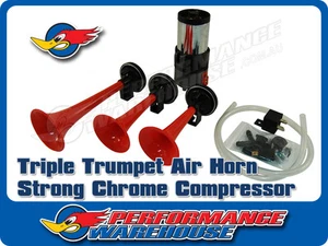 Triple Trumpet Alternating 12V Air Horn Set w/Strong Chrome Compressor - Picture 1 of 3