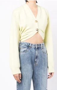 Alexander Wang Womens Yellow Green Knot-detail Cropped Wool Cardigan sz S y2k - Picture 1 of 10