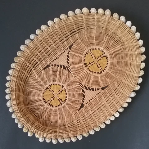 Vintage Marshall Islands Woven Basket Tray with Cowrie Shells Cover