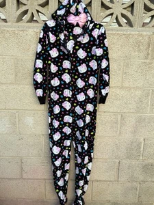 Hello Kitty Footed 1 Piece Black & Pink Pajamas With Hoodie Medium Release 2013 - Picture 1 of 14