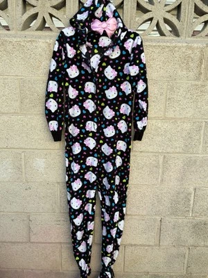 Hello Kitty Footed 1 Piece Black & Pink Pajamas With Hoodie Medium Release 2013 - Image 1 of 4