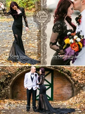 Brautkleid Hochzeitskleid Schwarz Spitze 32-60 Mermaid Knöpfe Mermaid Langarm - Bild 1 von 4