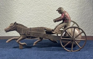Antique Early American Harness Racing Horse with Jockey & Bell Cast Iron Toy - Picture 1 of 6
