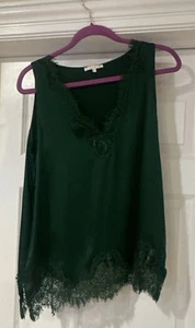 Gold Hawk Solid Green Silk Blend Sleeveless Tank Top Lace Trim M - Picture 1 of 5