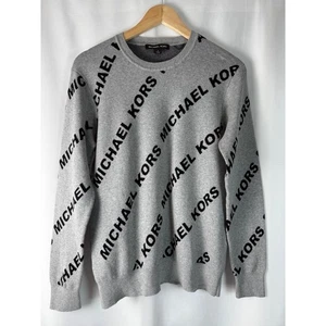 Michael Kors Sweater Mens Medium Gray Black Logo Print Long Sleeve Cotton - Picture 1 of 8