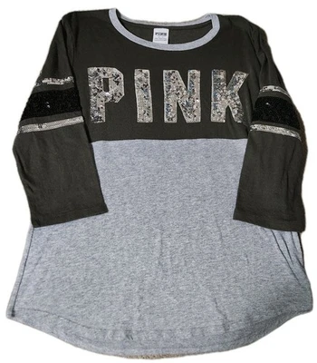 🔥 Camisa Victoria's Secret ROSA 3/4 Manga Plateada Bling Mujer Gris Mediano 26x20 Foto 1 de 3