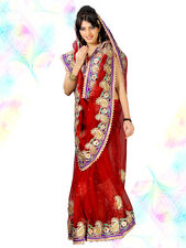 Red Net Indian Bollywood Sari Saree Wedding Traditional Fabric Boho Party Wear