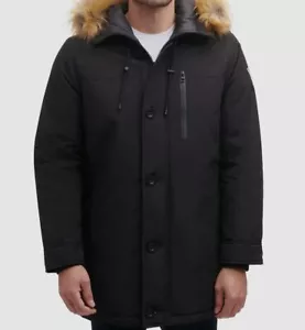$324 Guess Men's Black Front-Zip Logo Faux Fur Hooded Parka Coat Jacket Size L - Picture 1 of 4