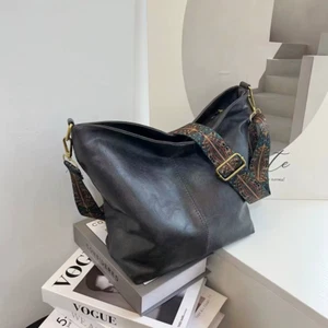 Vintage Solid Color PU Leather Women Fashion Shoulder Sling Bag Simple Wide Stra - Picture 1 of 15