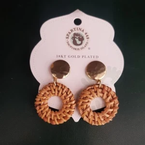 Spartina 449 Joanne Wicker Dangle Drop Earrings with Gold Plated Button NWT - Picture 1 of 8