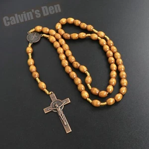 Oval Wood Bead Antique Brass Crucifix Rosary Necklace Five Decade Men Women Gift - Picture 1 of 9