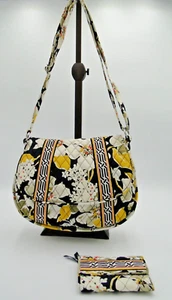 Vera Bradley Dogwood Clare Crossbody Shoulder Bag and wallet Yellow Black Floral - Picture 1 of 11