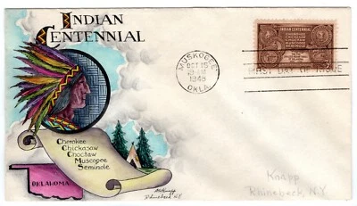 #972 Indian Centennial Dorothy Knapp Hand Painted 1948 FDC Muskogee OK - Image 1 of 2