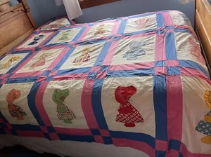 Vintage 1930s SUNBONNET SUE Quilt Top Hand Embroidered & Appliquéd Pink & Blue - Picture 1 of 19