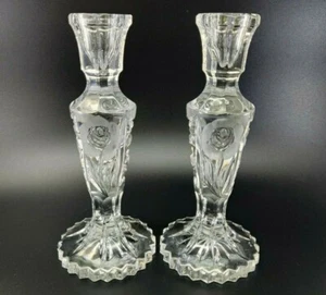 Pair of Hofbauer Germany Heavy Lead Crystal Cut Glass Candlesticks Etched Roses - Picture 1 of 12