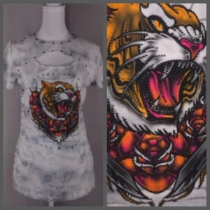 Black Label Affliction T-Shirt Womens Large Embellished Tiger Head Y2K Rebel - Picture 1 of 19