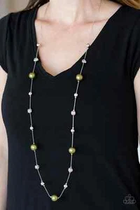 Paparazzi "Eloquently Eloquent" Pearly Green & Silver Beaded Necklace - Picture 1 of 3