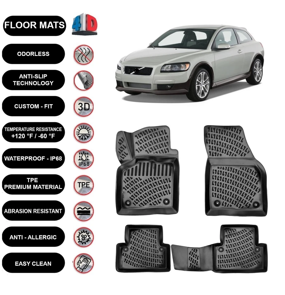 Floor Mats Liner Fits Volvo C30 (2006-2013) Waterproof 4D Molded Black 4pcs - Image 1 of 4