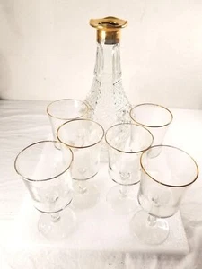 22K Gold Accented Decanter 6 Surname Swanson Heraldry Wine Glasses Vintage 1977  - Picture 1 of 12
