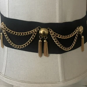 Vintage schwarz elastische Taille Taillengürtel Retro Y2K goldene Quasten Kette - Bild 1 von 17