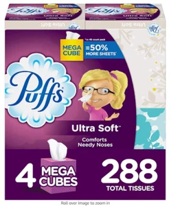 Puffs Ultra Soft Non-Lotion Facial Tissues, 4 Mega Cube Boxes, Purple, 72 Tissue - Picture 1 of 1