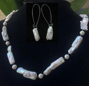 14-30" Natural White Baroque Reborn Keshi Pearl Beads Necklace Hook Earrings Set - Picture 1 of 11