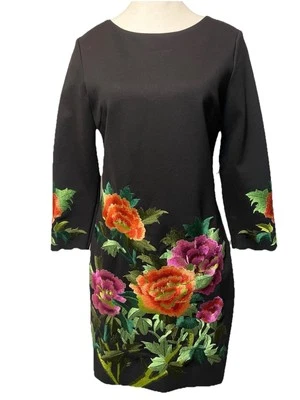 Women’s Long Sleeve Vivid Floral Embroidered Sheath Dress Petite Size L Bodycon - Image 1 of 4