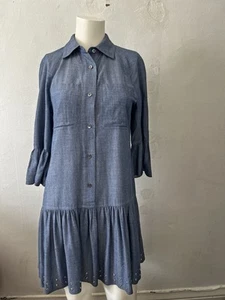 derek lam 10 crosby 0 Chambray Denim Grommet Hem Bell Sleeve Mini Shirt Dress  - Picture 1 of 8