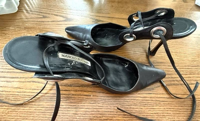 Vintage MANOLO BLAHNIK Black Strappy Heels  Euro 41 US 10.5 - Image 1 of 4