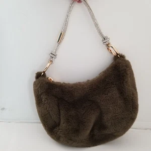 Small Brown faux fur rhinestone rolled handle straps zip closure by A New Day - Picture 1 of 9
