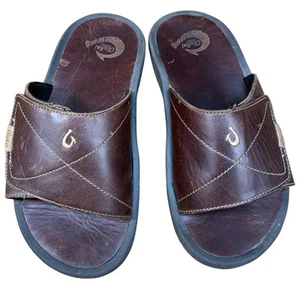 Mens Olukai Ohana Leather Slide Brown Flip Flops Size 9 - Picture 1 of 13