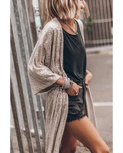 Azura Exchange Apricot Sequin 3/4 Sleeve Open Front Duster Kimono Women - Picture 1 of 12